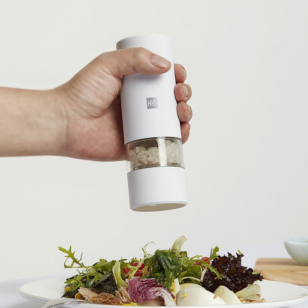 Electric Salt & Pepper Mill set on kitchen counter ready for seasoning