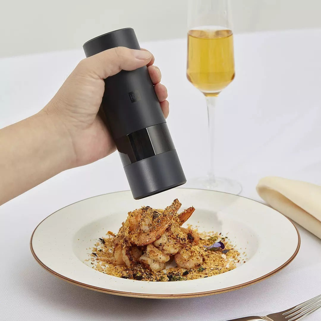 Electric Salt & Pepper Mill set on kitchen counter ready for seasoning