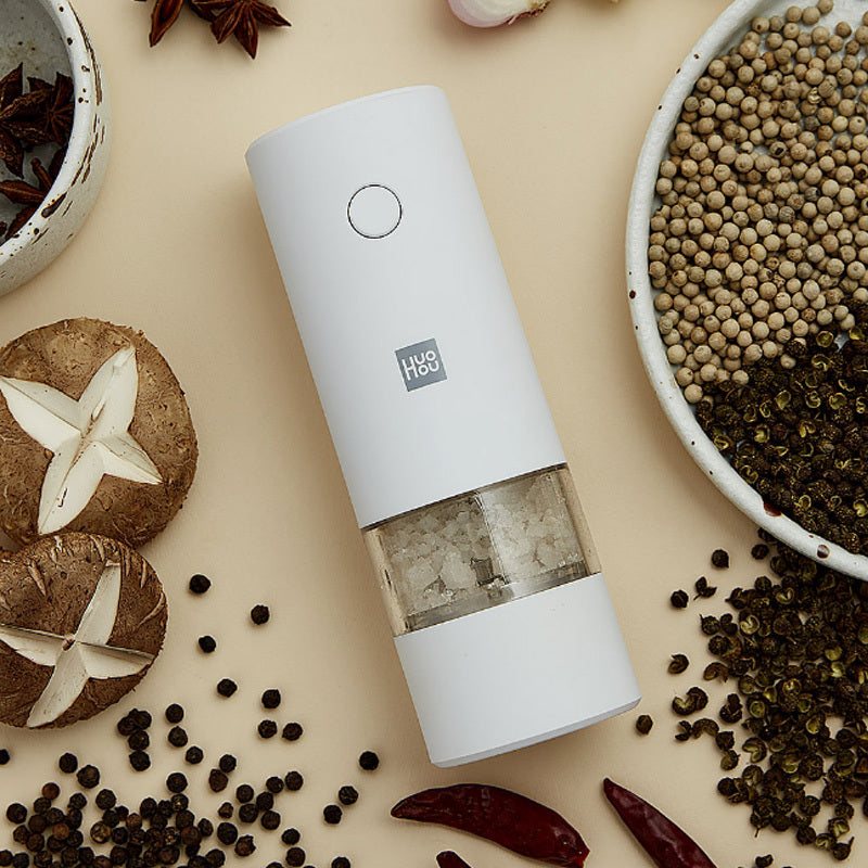 Electric Salt & Pepper Mill set on kitchen counter ready for seasoning